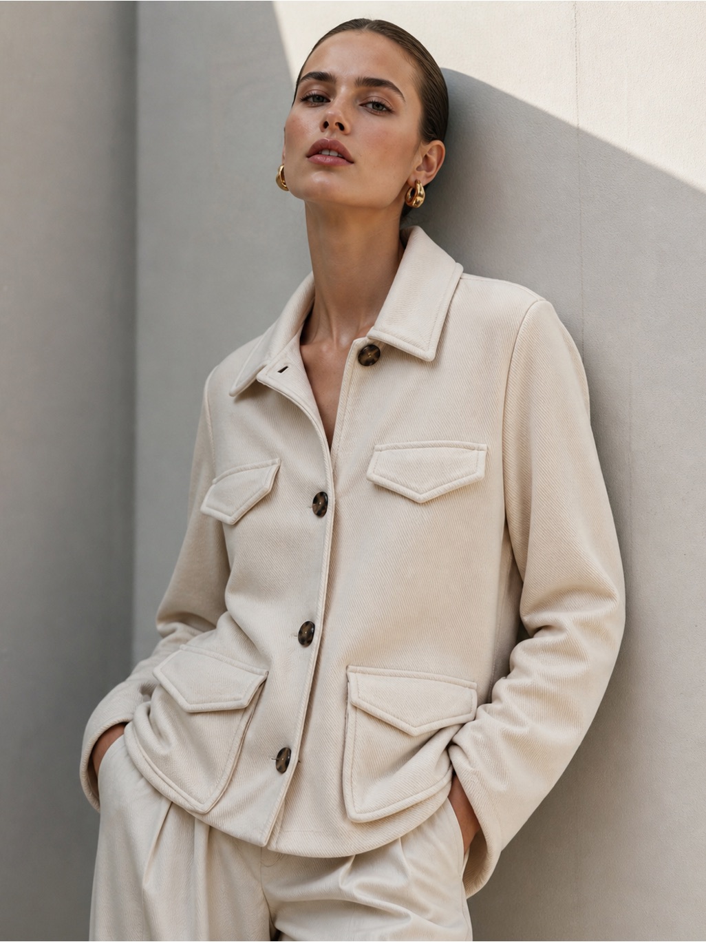 Banana Republic Cream Chore Utility Button Front Jacket With Flap Pockets Size L